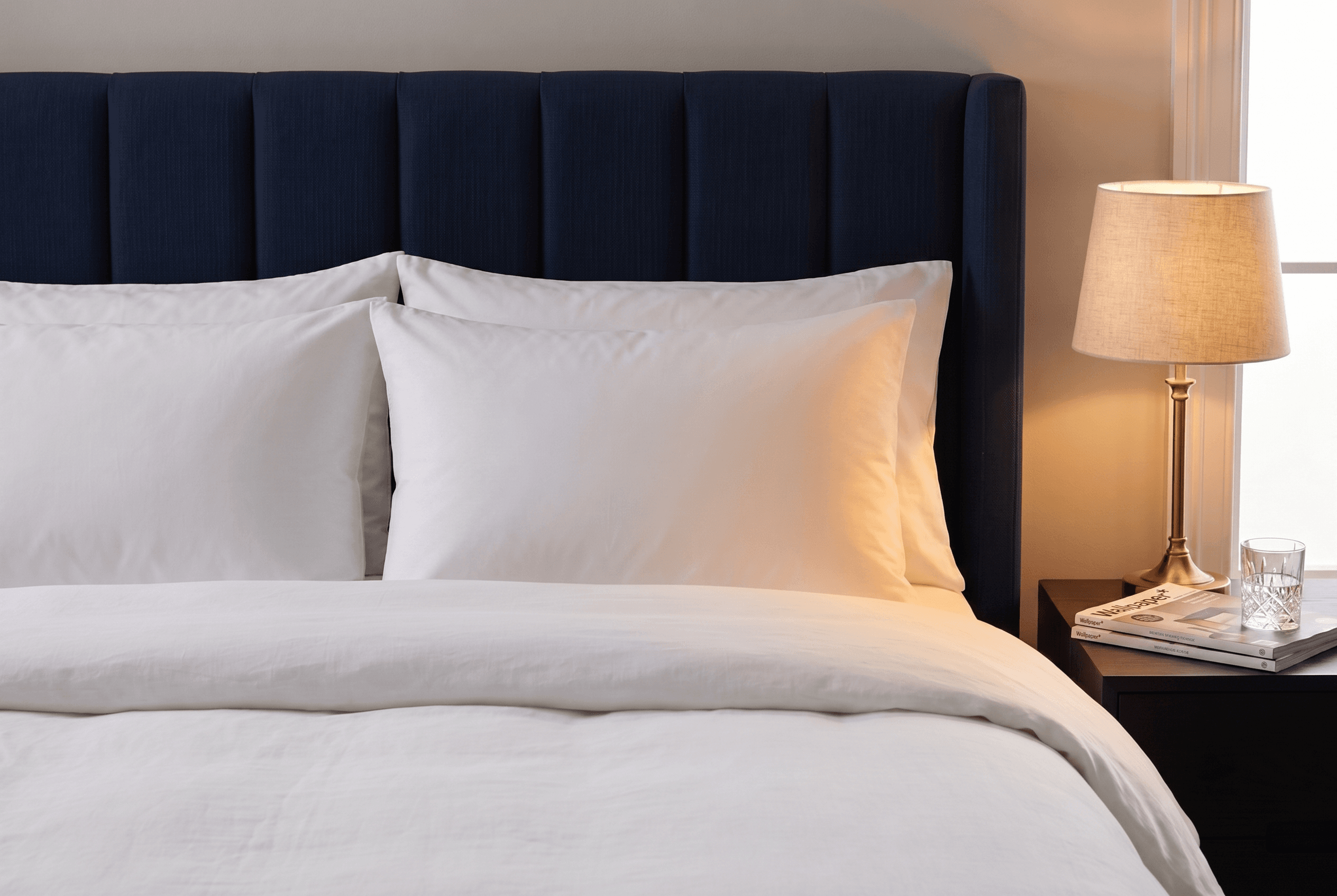 Premium bedroom with a deep navy headboard and crisp white bedding