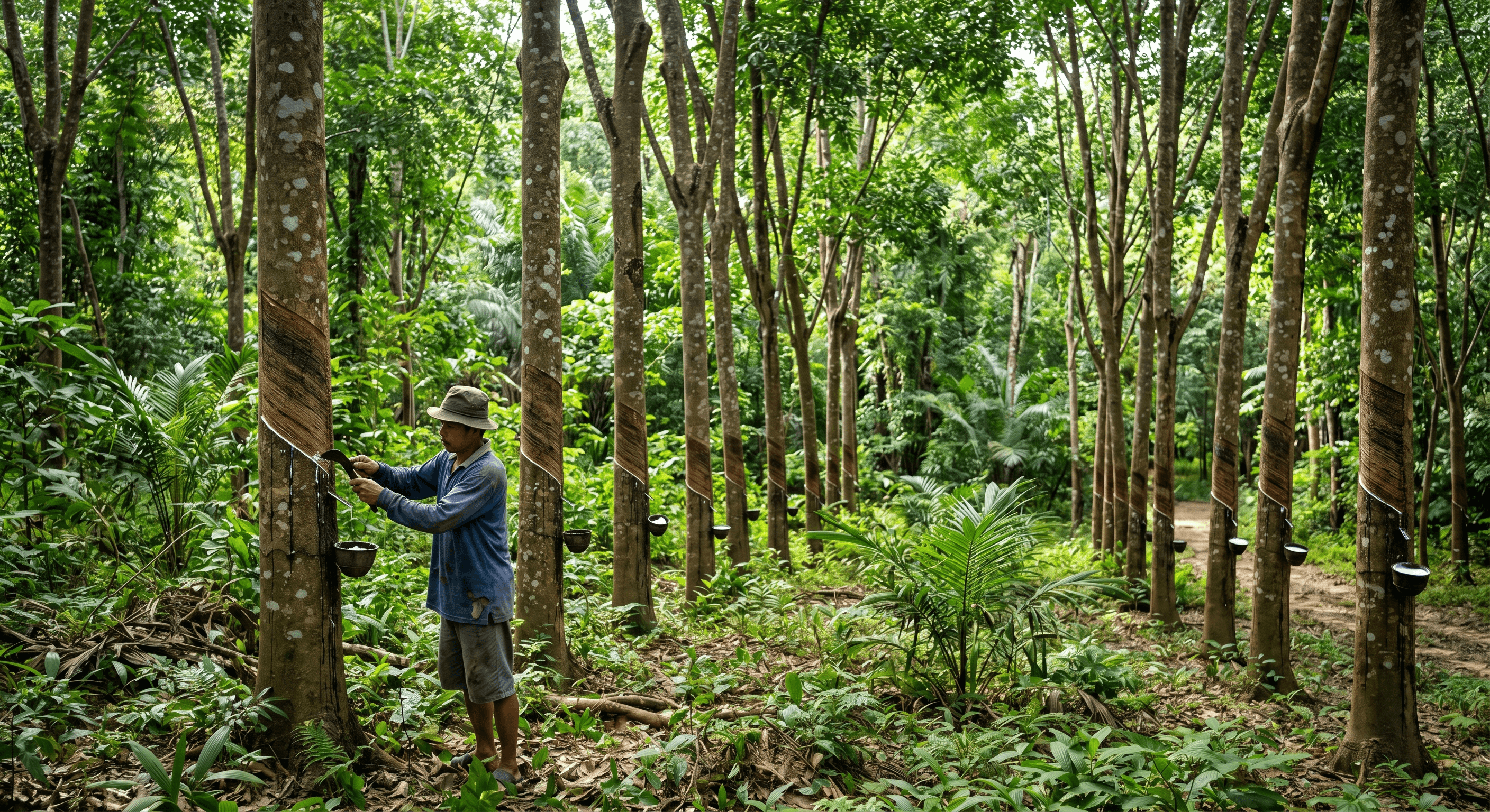 Rubber tapping of a Hevea brasiliensis tree in the rainforest